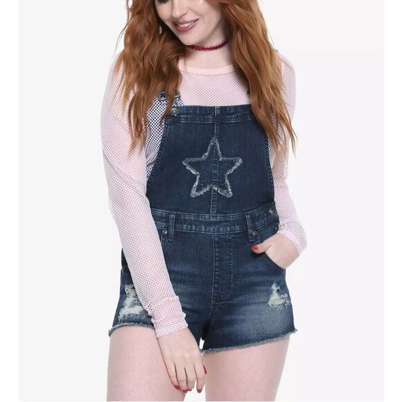 Junior Womens Hot Topic Blackheart Indigo Star Shortalls Denim Jean Overalls - 3 - Picture 1 of 3